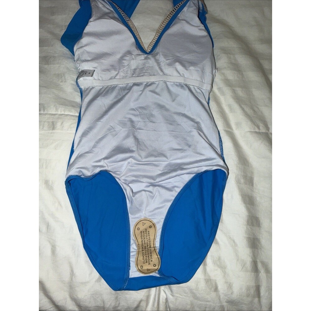 Women Swim Bathing Suit One piece Sz Med Ruffle Sleeve Crochet Blue NWOT Boho - Picture 10 of 12